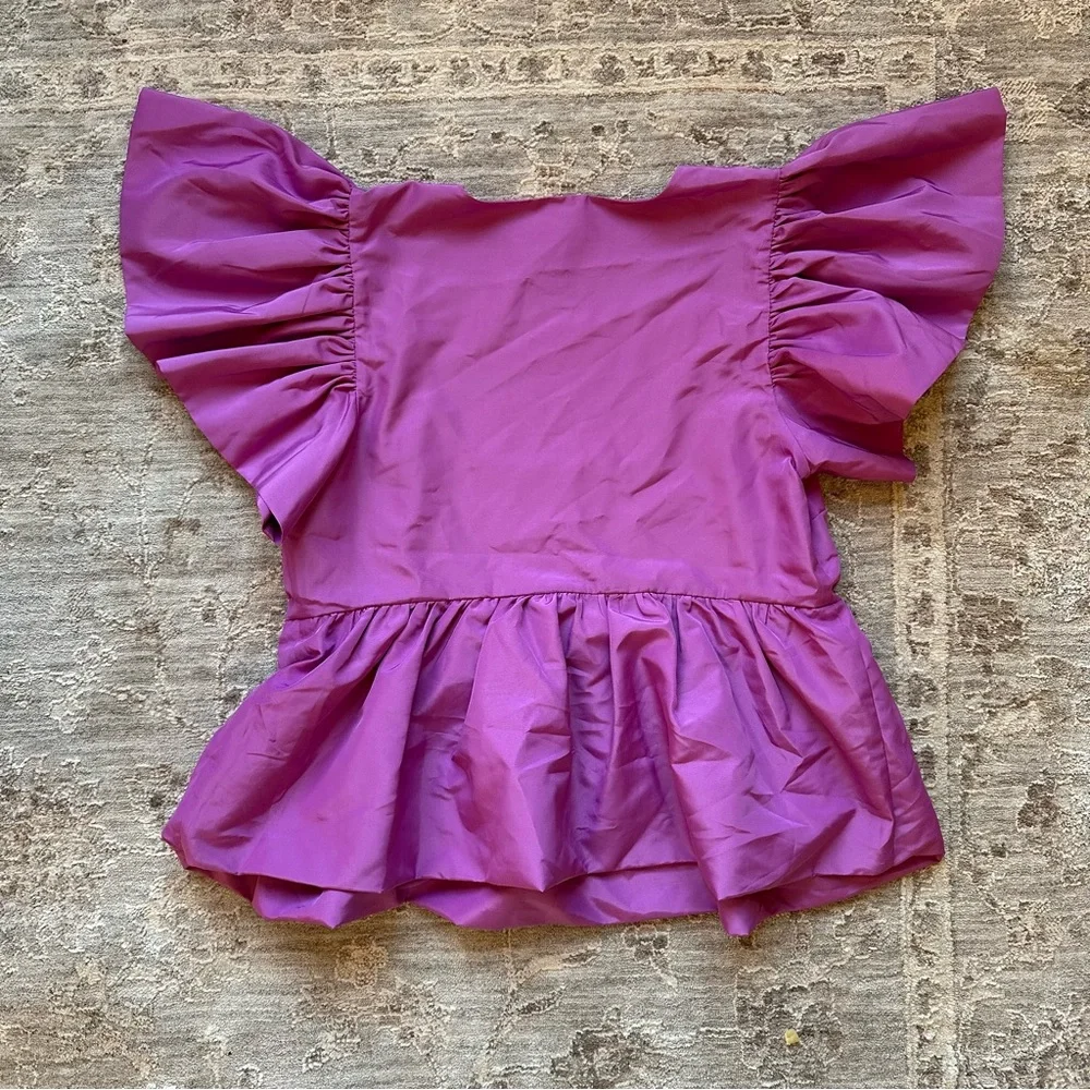 Express Peplum Pink Ruffle Short Sleeve Blouse Flutter Top Square Neck Business - Picture 3 of 5